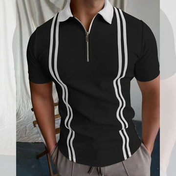 Emerce - Zipper Striped Polo Shirt - BLACK